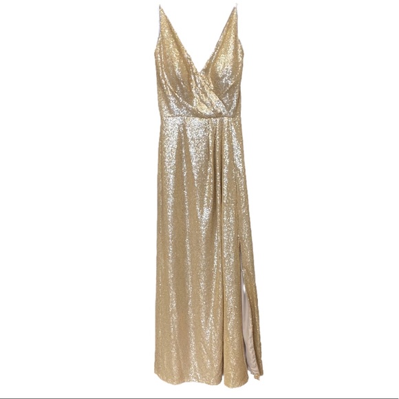 Belsoie gown size 6 gold sequin spaghetti strap open back side slit dress XS S - Picture 2 of 5